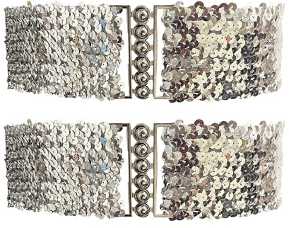 YUSHWENPTY Cinturón Mujer Lentejuelas, 2 Piezas Cinturones Brillantes, Cinturón Elegante para Vestido, Cinturon Ancho Elástico para Fiesta de Año Nuevo, Accesorios Discoteca Años 70 (Plata)