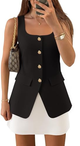 ZESICA Women's 2026 Summer Casual Sleeveless Suit Vest Square Neck Button Down Work Business Blazer Vests Waistcoat,Black,X-Small