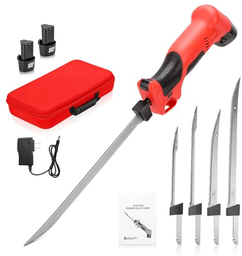 WODHMIEY Elektrisk Kniv Trådlös Elektrisk Kniv Filékniv med 4 Högkolstålblad 26-39 Cm 2 Batterier Halkskydd Säkerhetsbrytare Fisketillbehör Campingset med Fodral