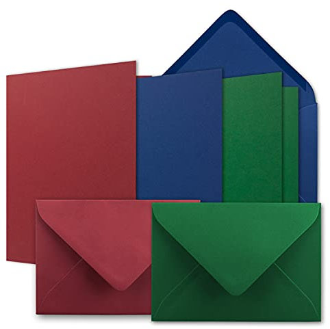 30x Karten-Set DIN B6 - Dunkelrot - Dunkelgrün - Dunkelblau - Faltkarten mit Umschläge - 3 Farben - 12 x 17 cm & Umschläge - 12,5 x 17,5 cm