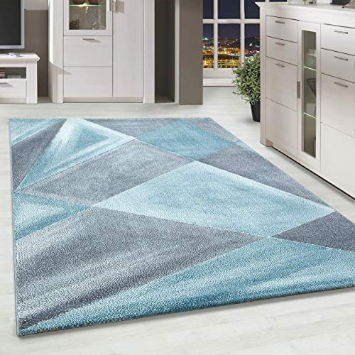 HomebyHome Teppich Wohnzimmer 80x150 cm Läufer Flur Blau Geometrisch Abstrakt Design - Schlafzimmer Teppich Kurzflor Extra Weich Pflegeleicht Teppiche für Küche Esszimmer Jugendzimmer