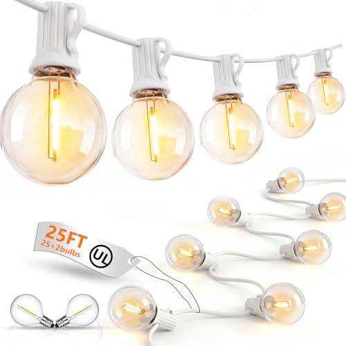 25 fot LED G40 utomhus ljusslingor, uteplats glob ljusslinga med 27 skyddande LED-klara glödlampor, E12-bas vintage kommersiella hängande lampor för café bakgård veranda party högtidsdekor vit tråd