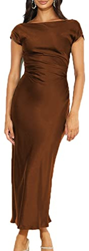 Gmeitoey 2025 Satin Cap Sleeve Cowl Back Summer Dresses for Women Elegant Ruched Waist Wedding Guest Midi Dress Brown