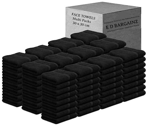 Face Cloth Pack of 6, 12, 24, 36, 48, 96 Soft Flannels Set100% Egyptian Cotton Face Towels Quick Dry Washcloths 30x30cm Gym, Golf, Spa Small Hand Towels 500-GSM (Black, 12)