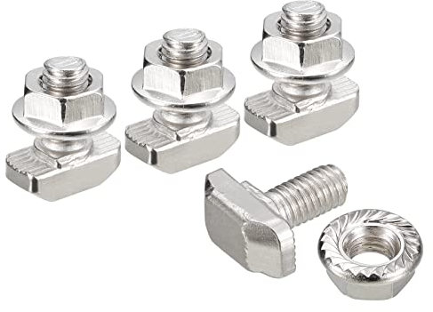 sourcing map M6x12mm T Ranura Inserción Perno y M6 Hexagonal Brida Tuerca Juego, 10 Juegos Martillo Cabeza T-Perno T Forma Perno Deslizante Tornillo para 30 Serie Aluminio Perfil
