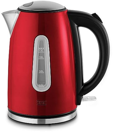 KHG WK-1707 (MRE) Wasserkocher Rot, 1,7l Kapazität, Edelstahl Metallic Chrom, Schalter mit LED Leuchte, Wasserstandanzeige, Knopfdruck-Öffnung, Kochzeit 3 Min, Kalkfilter, Trockengehschutz, 2200 Watt