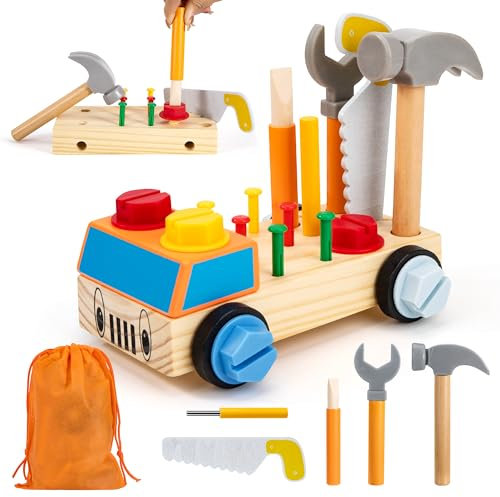 Werkzeug Kinder Spielzeug ab 3 4 5 Jahre, Montessori Holzspielzeug Kinderwerkzeug Motorikspielzeug Lernspiele mit Aufbewahrungstasche Geschenk für Mädchen Junge