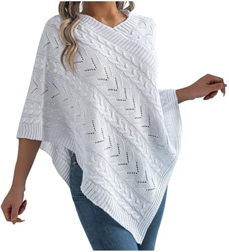 Poncho Knitted Cape Shawl Wrap Cardigan for Women Elegant Wrap V Neck Cable Knit Hollow Out Pullover Sweater Jumper Top White