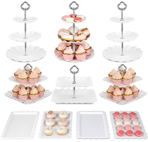 Pack of 10 NWK Cake Stand, Cupcake Stand, with 3 x Two-Tier Cupcake Stands, 3 x Three-Tier Cupcake Stands, 4 x Appetizer Trays, for Birthday Baby Bridal Shower Party (Silver)