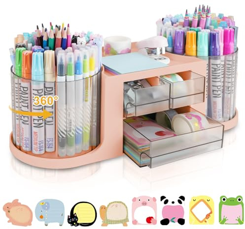 RETON Organizador de escritorio giratorio con 2 soportes para portalapices, portalápices multifuncional con 3 cajones, 10 ranuras para lápices, escritorio, oficina, escuela, hogar ﻿ (Rosa)