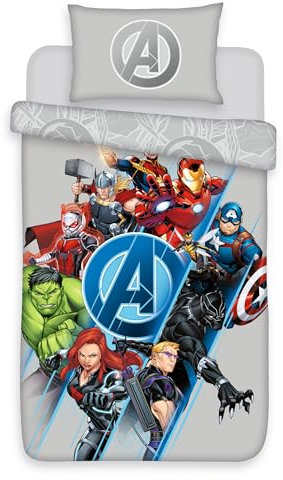 Marvel Avengers Single Duvet Cover Set - Grey Polycotton Bedding with Superhero Characters - 135x200 cm Quilt Cover with 50x75 cm Pillowcase - Kids Bedding Set, Machine Washable, Soft & Durable