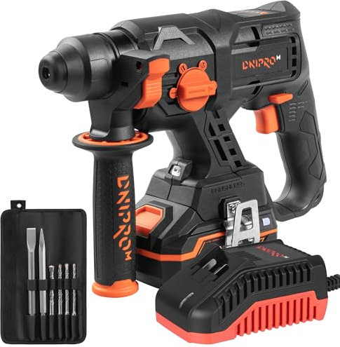 Dnipro-M DHR-201BC Martillo Perforador a Batería 20V Brushless (1.7J, 1 Batería 4Ah, Cargador, Brocas SDS+ 6 mm, 8 mm, 10 mm, 12 mm) - Martillo Percutor y Taladro para Hormigón