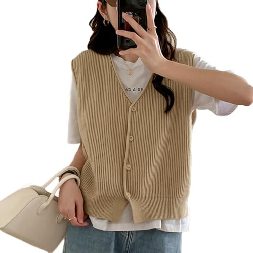 OKSakady Femmes Bouton Avant V-Cou sans Manches tricoté Pull Vest Gilet superposé Top Gilet