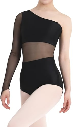 ZYXWVU Body Danza Classica Donna - Top da Danza in Mesh Donna con Manica Lunga Trasparente e Spalla Scoperta per Balletto e Performance, 1615-Nero,L