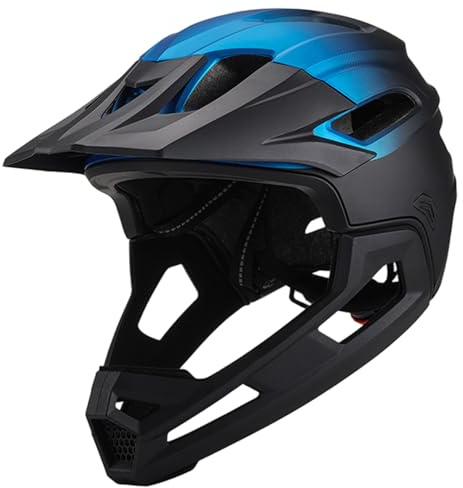 Mountainbike-Helm für Erwachsene, atmungsaktiv, stoßfest, PC-Integralhelm mit abnehmbarem Kinnhalter, Verstellbarer Unisex-Kopfschutz in Schwarz und Blau zum Radfahren im Freien