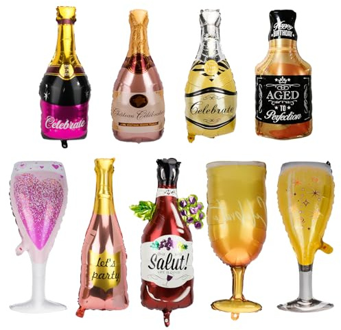 STNRST-IN 9pcs Champagne Balloons, Aluminum Foil Helium Mylar Balloons, Whiskey Bottle Cup Wine Glass Balloon for Birthday Wedding Engagement Celebration Party Supplies Decorations
