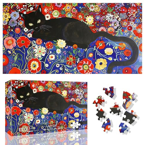 Ginfonr 1000 Piece Jigsaw Puzzles for Adults - LAZY CAT, Irregular Shaped Pieces for Challenging Fun, No Dust Classic Sea of Flowers Artistic Puzzle, Gifts for Family Game Night 31.5 x 16 inch
