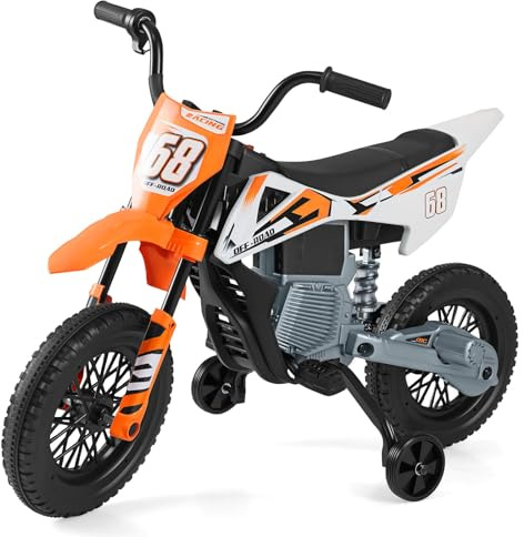 COSTWAY 12 V Elektrisk Barnmotorcykel med Fotpedaler, Avtagbara Stödhjul, Musik, Motorcykel för Pojkar och Flickor från 3 År Orange