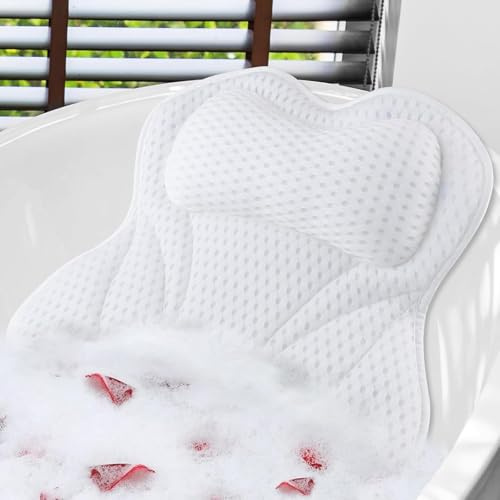 Sommdiy Bath Pillow, 4D Bath Pillows Spa Headrest with 6 Non-Slip Suction Cups for Neck, Back, and Shoulders, Quick-Drying Bath Accessories for Home Relaxation (White)