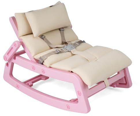 COSTWAY Kids Rocking Chair, Indoor Outdoor Toddlers Rocker with Adjustable Backrest, Removable Washable Cushion and Safety Harness, Children Recliner for 6+ Months Boys Girls (Pink)