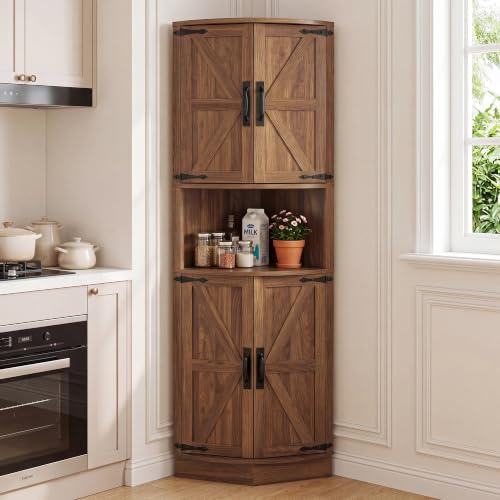 BonVache Armoire de cuisine haute, armoire d'angle, armoire de salle de bain étroite, étagère d'angle avec 4 portes et 5 étagères, 165 cm, en bois, pour cuisine, salon, salle à manger, noyer clair
