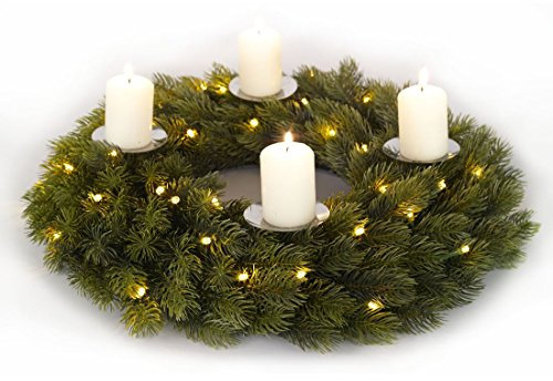 Advent Wreath 40cm Luxury Pre-Lit Decoration Indoor 48 Warm White LEDs Pillar Candle Holders