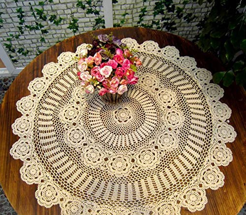 Damanni Beige Cotton Handmade Crochet Lace Tablecloth Doilies Table Overlay,Round,35 Inch