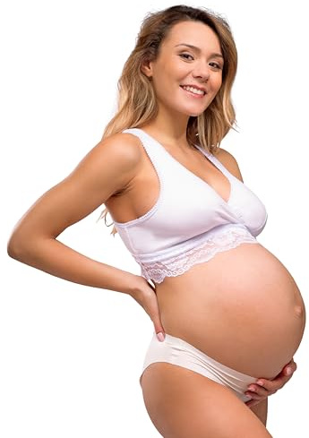 Carriwell Soutien-Gorge de Grossesse, Sommeil et d’Allaitement Bio – Soutien-Gorge en Coton Ultra Confortable avec Dentelle, Respirant, Doux et sans Couture, S’adapte aux Changements de la Poitrine L