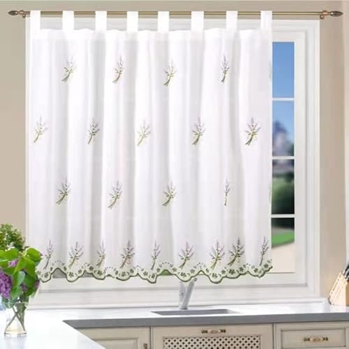 Cortinas cortas para Ventanas De Cocina Translucidas 150X120Cm Cortina de cocina translúcida con bordado, cortina de altura media para cocina, comedor, marco de puerta, patrón bordado. (Lavanda)