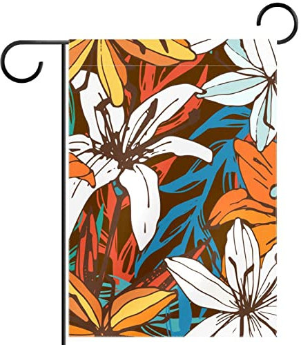 Drapeau de jardin vertical double face motif fleur de lys orange blanc décoration extérieure