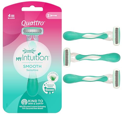 Wilkinson myIntuition Smooth Sensitive Quattro Women’s Disposable Razors, Hair Removal, Touch of Aloe Vera, Shavers for Routine Grooming, 3 Pack
