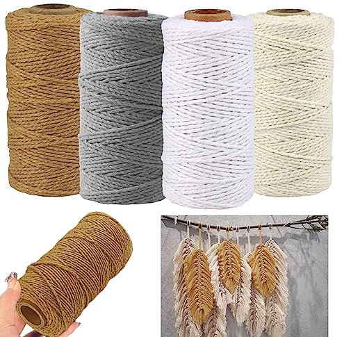 Fiyuer Makramee Garn, 4 Stück 2mm × 100m Makramee Garn Set, Baumwollgarn Baumwollkordel Baumwollseil, Macrame für DIY Handwerk Stricken Wandbehang Dekoration Wohnzimmer Balkon Schlafzimmer
