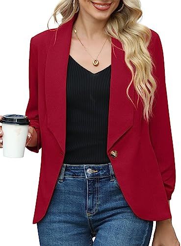 PrinStory Blazer för kvinnor 3/4 rynkade ärmar kavaj företag kontor kavaj kostym sportig jack trenchcoat, röd, 34-36
