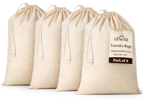 Lenenz 4 Pack Reusable Laundry Bags - 100% Cotton Multi Purpose Travel Laundry Bag - Durable & Machine Washable - Large Laundry Bag 28 x 36