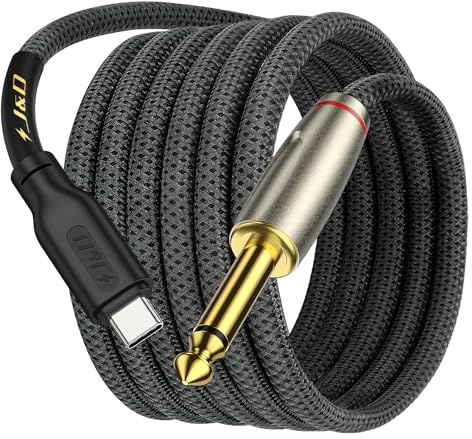 J&D Câble Adaptateur Audio Mono TS Mâle 6,35 mm 1/4 pouce Interconnexion aux USB Type C Compatible avec iPhone 16/17 Série Câble Audio Tressé Plaqué Or, 2 m