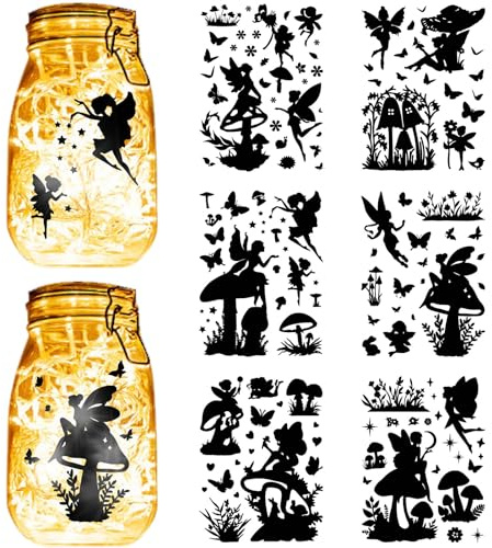 CREATCABIN 6 Fogli 6 Stili Fata Angelo Barattolo di Vetro Decalcomanie Adesivi Funghi Fustellati Sagome PVC Autoadesivo Impermeabile per Artigianato Scrapbook Lanterna Barattoli Finestre 20x15cm