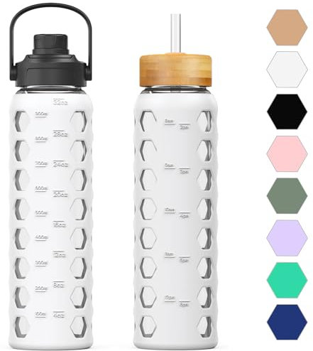 HYDRAGLAZIC 950ML Glass Water Bottle with 2 Flip and Bamboo Straw Lids Sports Water Tumbler with Time Reminder and Silicone Sleeve Leak-proof BPA Free, White