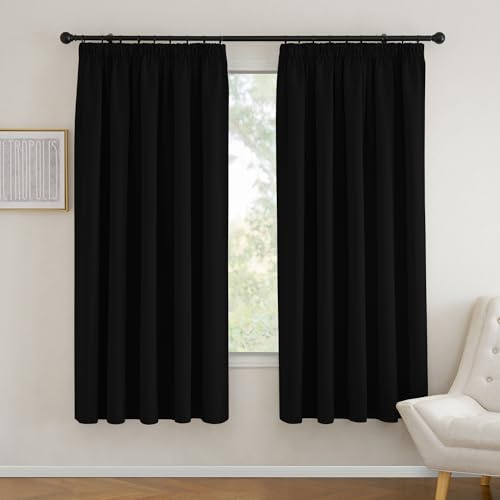 PONY DANCE Blackout Pencil Pleat Curtains, Black, W90 x L72 Inch, 2 Panels | Thermal Insulated Curtains with Noise Reducing & Privacy, Luxury Soft Window Treatment for Bedroom & Living Room