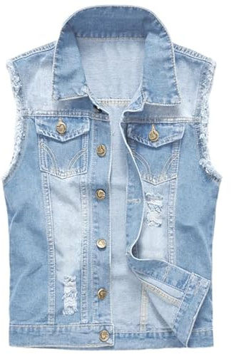 Icegrey Homme Gilet en Jean sans Manches Déchiré, Coupe Ajustée, Gilet Veste Denim en Coton,Décontractée en Détresse, XXL, Bleu clair