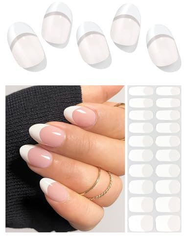AutyaMee Semi Cured Gel Nail Strips (Classic French), White, 20 Pcs Gel Nail Wraps, Stickers, UV Light Required, Salon Quality, Long Lasting