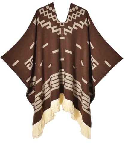 Iris Sprite Women's Pullover Poncho Ethnic Style Poncho for Women Tassels Knitted Shawls and Wraps Capes (UK, Alpha, One Size, Regular, Regular, Denim Coffee)