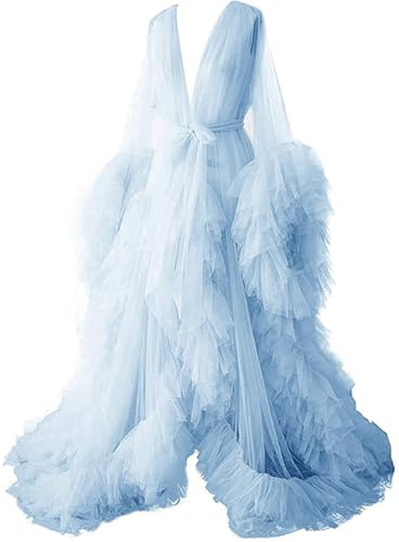 AHERKLL Puffy tyllrock moderskapsklänning för fotografering genomskinliga långa underkläder baby shower graviditet fotografering dressing, Himmelsblått, 38