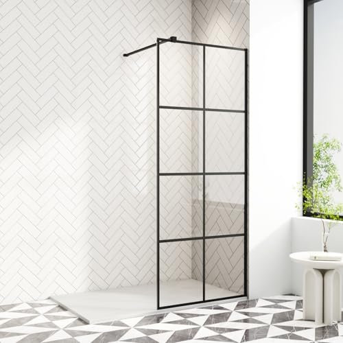 AQUARA Shower Screen 700 x 1900mm Walk-in Shower Glass Panel 8mm Easy Clean Toughened Saftey Glass with Support Bar Black Grid Shower Enclosure