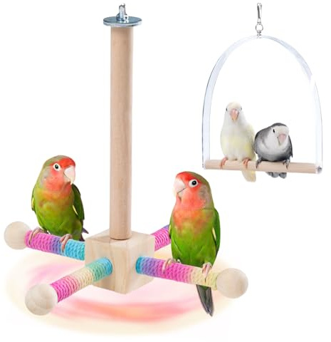 9 Hanging Bird Perch Toy for Cage, 360° Silent Free-Spin, Wooden Bird Cage Accessories, Relieve Boredom Anxiety, for Parrots, Parakeets, Cockatiels, Small to Medium Birds, with Poplar Swing