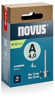 Novus Tools Rivets aveugles en aluminium Ø 4,0 mm, longueur 6 mm, 70 rivets, épaisseur du matériau 1,0-3,0 mm, fixation de métaux non ferreux, plastique, matériaux légers, cuir et tissus