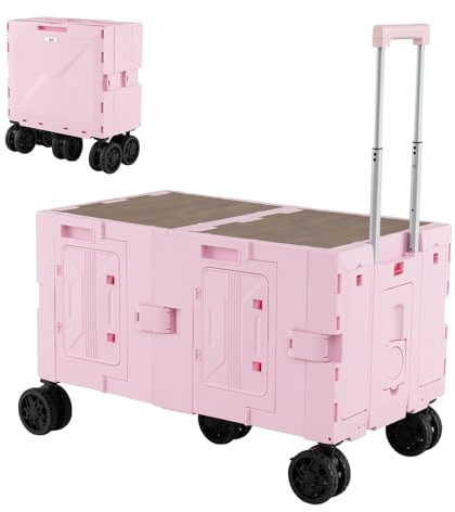 GOPLUS 2 en 1 Chariot de Plage Pliant 150 L avec Bac de Rangement à 2 Niveaux, Chariot Table de Camping Portable avec 5 Roues Poignée Reglable, pour Courses Déménagement,85 x 50 x 56 cm(Rose)