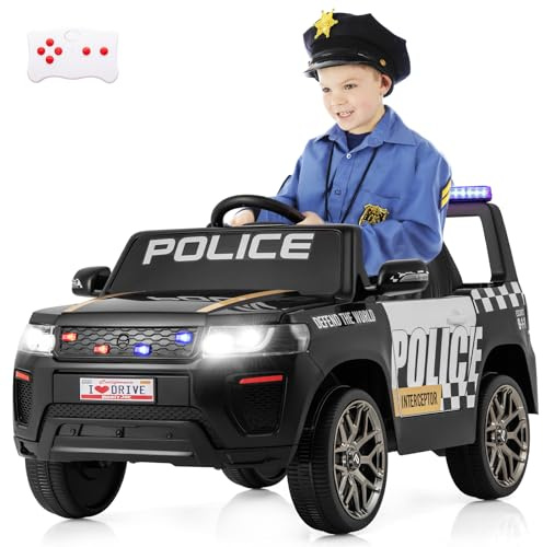 DREAMADE Voiture Electrique pour Enfants 3-8 Ans, Jouet de Police à Batterie 12 V avec Télécommande, Musique, Klaxon, Sirène, Lumières Clignotantes à LED, Suspension à Ressort (Noir)