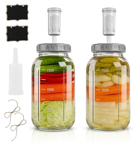 Tutamaz fermenteringsglas, 2 stycken, 2 liter, Kimchi-behållare med luftlås, perfekt för jäsning för kimchi, surkål, surdegstarter, surdegstarter, kefirglas med lock