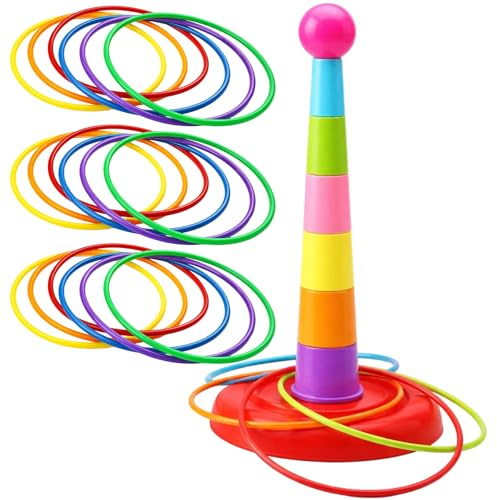 Garden Games for Kids, Outdoor Ring Toss Set with 18 Rings and Tower, Classic Lawn Games for Family Gatherings and Backyard Fun, Durable Design for Boy and Girl