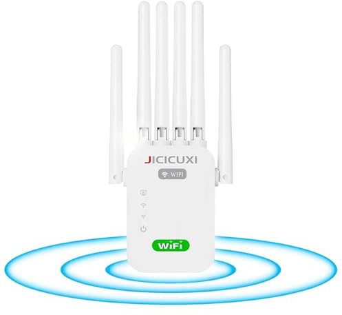 WLAN Verstärker, WLAN Repeater mit 6 Antennen, WiFi Repeater für 5.000 m² Abdeckung & 50 Geräte, LAN-Anschluss, Access Point Modus, W LAN Verstärker für Steckdose Zuhause und Büro, Mondweiß